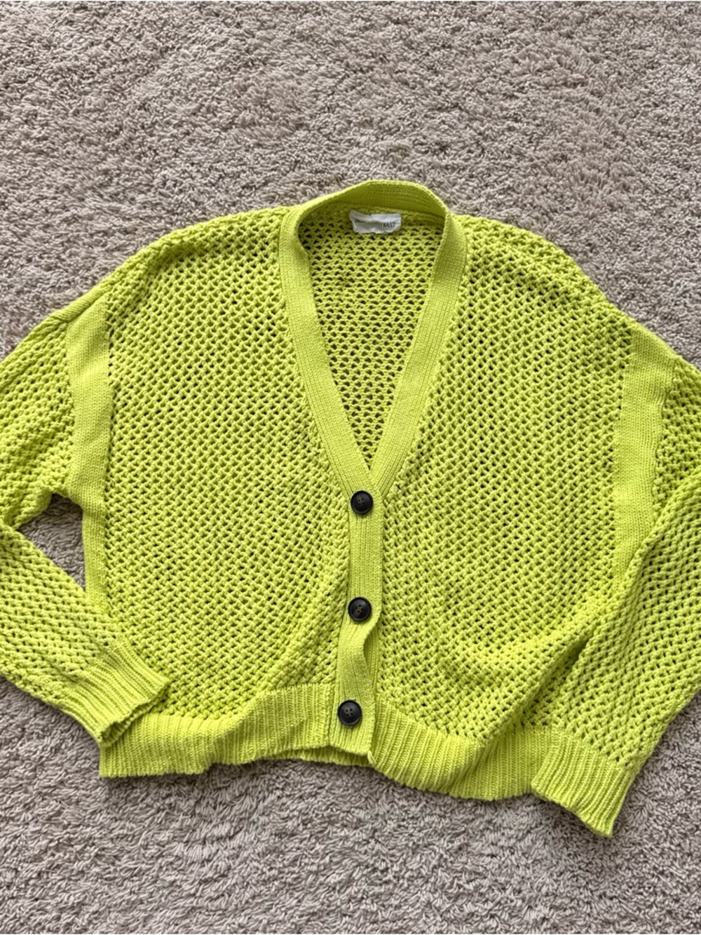 Open-Knit Neon Green Button Cardigan Sweater